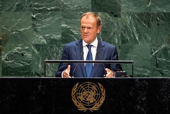 Donald Tusk, Président du Conseil européen, prononce un discours lors de la 74e session du débat général de l’Assemblée générale des Nations Unies. (26 septembre 2019)