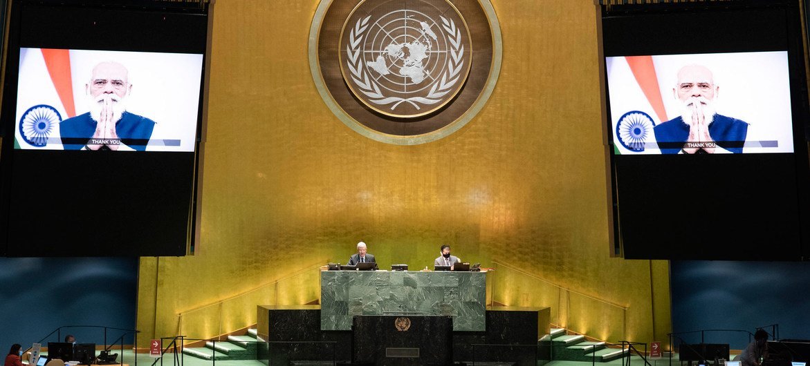 भारत के प्रधानमन्त्री नरेन्द्र मोदी ने यूएन महासभा के 75वें सत्र को सम्बोधित करते हुए इस विश्व संगठन के ढाँचे में सुधार का आहवान किया. (26 सितम्बर 2020)