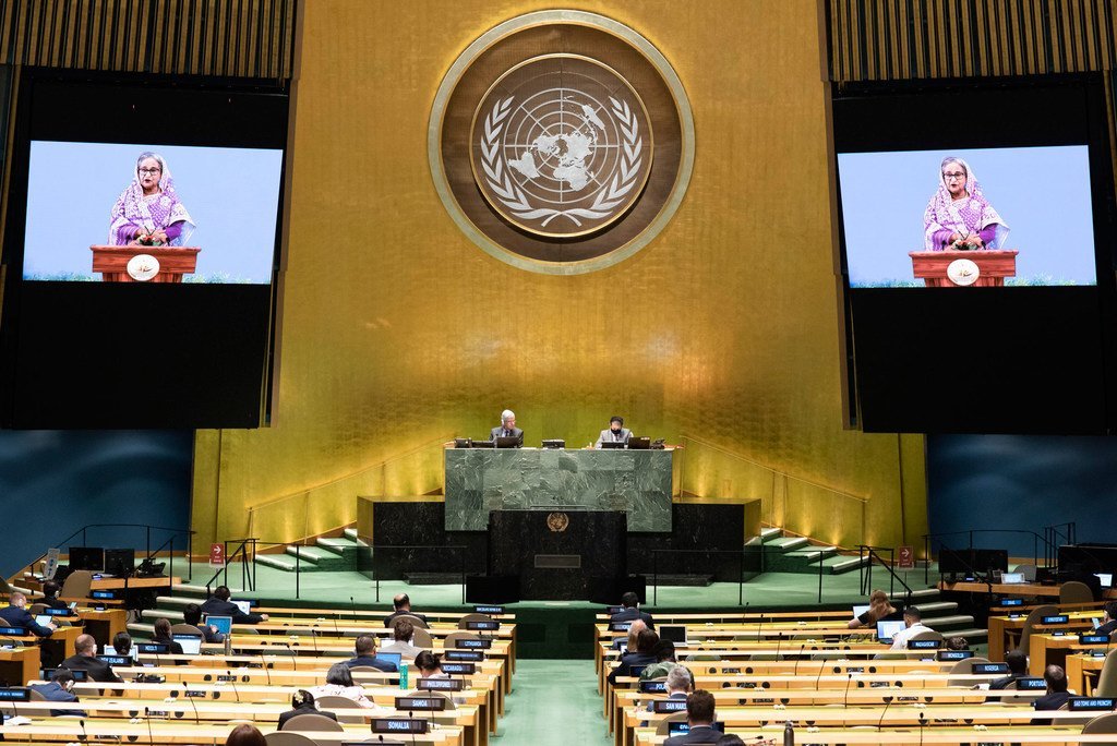 Prime Minister Sheikh Hasina (on screen) of Bangladesh addresses the general debate of the General Assembly’s seventy-fifth session.