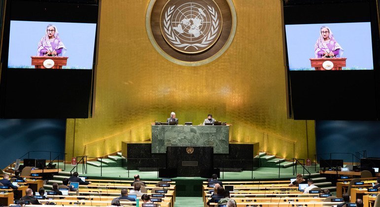 Prime Minister Sheikh Hasina (on screen) of Bangladesh addresses the general debate of the General Assembly’s seventy-fifth session.