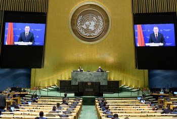 Foreign Minister Vladimir Makei (on screen) of Belarus addresses the general debate of the General Assembly’s seventy-fifth session.
