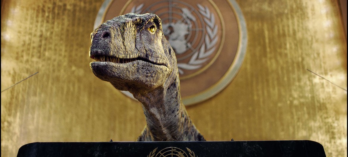 In a UNDP short film, Frankie the dinosaur urges world leaders not to choose extinction.