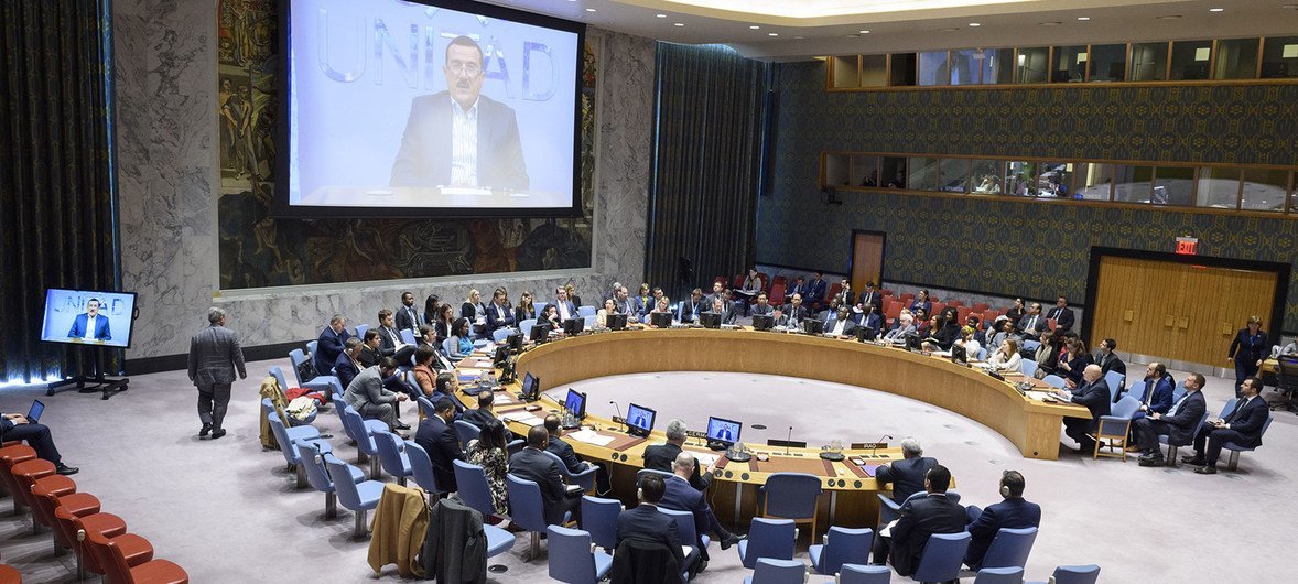 Kachi (on screen), a member of Iraqi civil society, and a Yazidi from Sinjar District who survived the mass executions in the village of Kocho in August 2014, addresses the Security Council meeting on threats to international peace and security