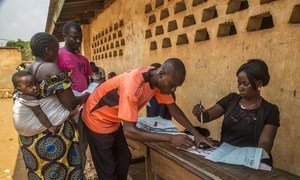 An official processes voter ID cards, ahead of the 27 December general elections in the Central African Republic.