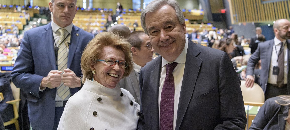 Secretary-General António Guterres (right) greets Irene Shashar, Holocaust survivor, at the United Nations Holocaust Memorial Ceremony 