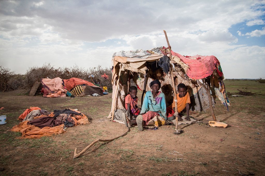Une femme déplacée est assise dans une tente de fortune avec ses deux petits-enfants dans le district de Wajaale en Somalie. Ils ont été forcés de quitter Haro-Sheikh en raison de la grave sécheresse.