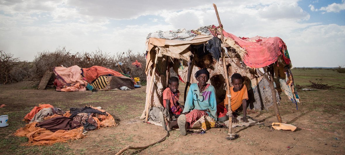 Une femme déplacée est assise dans une tente de fortune avec ses deux petits-enfants dans le district de Wajaale en Somalie. Ils ont été forcés de quitter Haro-Sheikh en raison de la grave sécheresse.