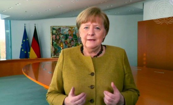 Chancellor Angela Merkel of Germany delivers the key note address during the virtual memorial ceremony and discussion marking the International Day of Commemoration in memory of the victims of the Holocaust.