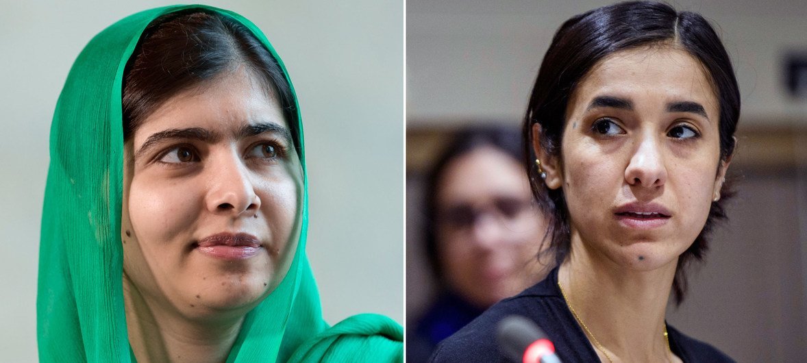 Les deux lauréates du prix Nobel de la paix : la messagère de la paix de l'ONU Malala Yousafzai (à gauche) et Nadia Murad, ambassadrice de bonne volonté de l'ONUDC pour la dignité des survivants de la traite des êtres humains