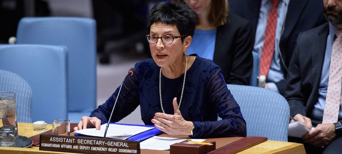 Ursula Mueller, Assistant Secretary-General for Humanitarian Affairs and Deputy Emergency Relief Coordinator in the Office for the Coordination of Humanitarian Affairs (OCHA), briefs the Security Council during a meeting on the situation in Syria.