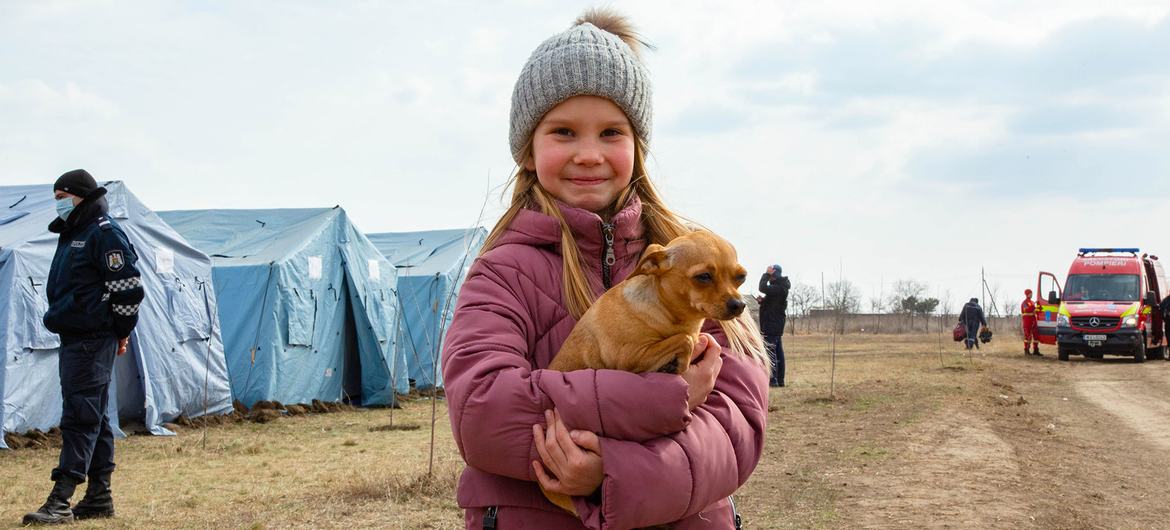 26 Şubat 2022'de Ukraynalı bir mülteci çocuk, Moldova Cumhuriyeti ve Ukrayna sınırındaki Palanca geçiş noktası yakınlarındaki bir geçici mülteci merkezinde köpeğiyle duruyor.