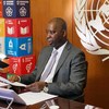 The President of the UN General Assembly, Tijjani Muhammad-Bande, takes part in a remote briefing to UN Member States on the coronavirus crisis.