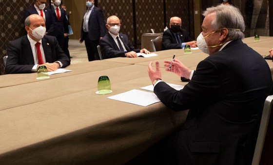 Secretary-General António Guterres (right) meets Turkish Cypriot Leader Ersin Tatar (left) during the Informal 5+1 Meeting on Cyprus.