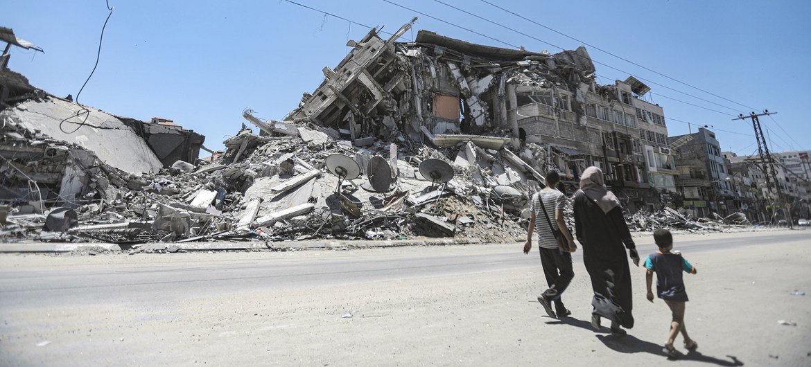 A building damaged by an Israeli air strike amid a flare-up of Israeli-Palestinian violence in Gaza City.