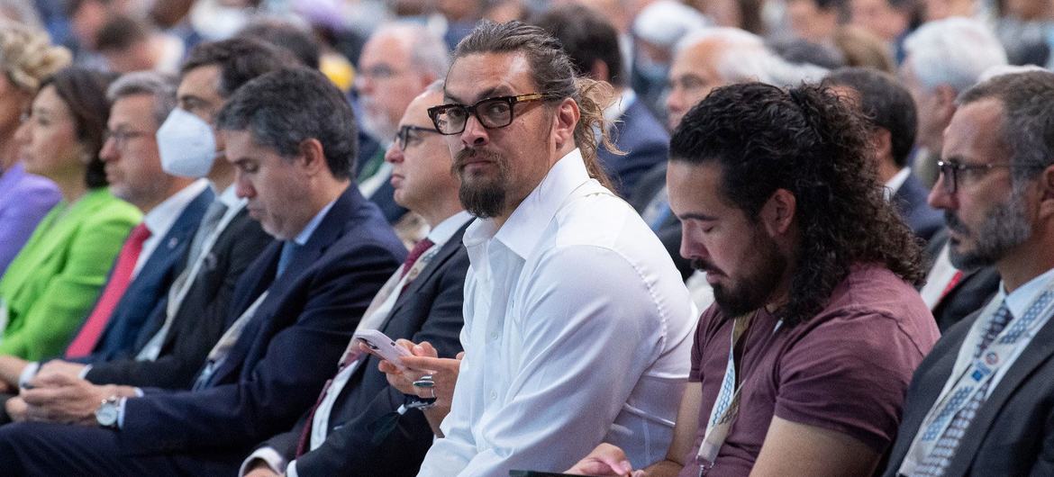 Actor and ocean advocate Jason Momoa (centre) attends the opening ceremony of the UN Ocean Conference 2022 in Lisbon, Portugal.