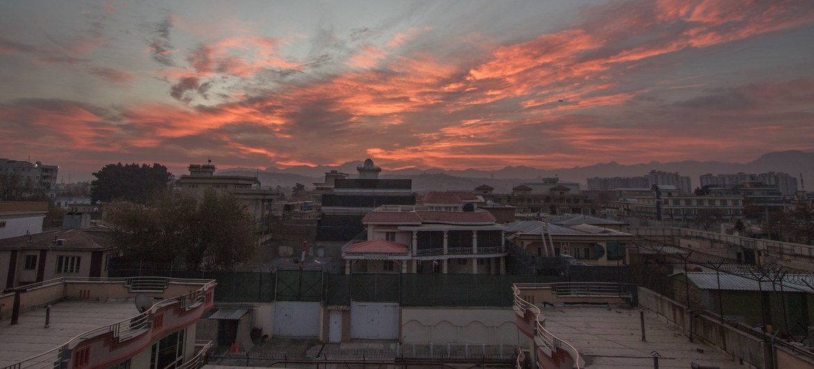 The sun is setting over Kabul, Afghanistan.