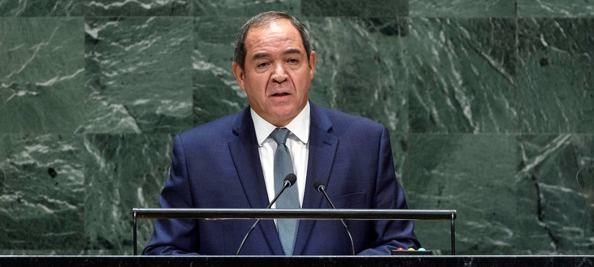  صبري بوقادوم وزير خارجية الجزائر خلال مخاطبته مداولات الجمعية العامة للأمم المتحدة الرابعة والسبعين في 27 سبتمبر 2019