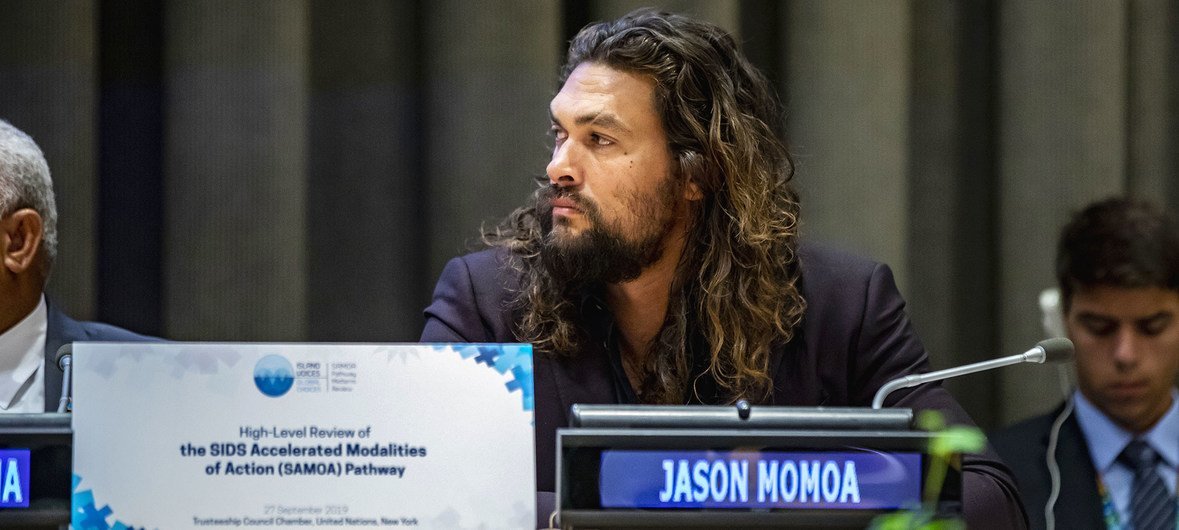 Jason Momoa, actor and advocate for the oceans, speaks at an event at the UN in support of Small Island Developing States. (27 September 2019)