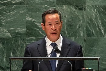 朝鲜常驻联合国代表金星在联合国大会第76届会议上发表讲话。