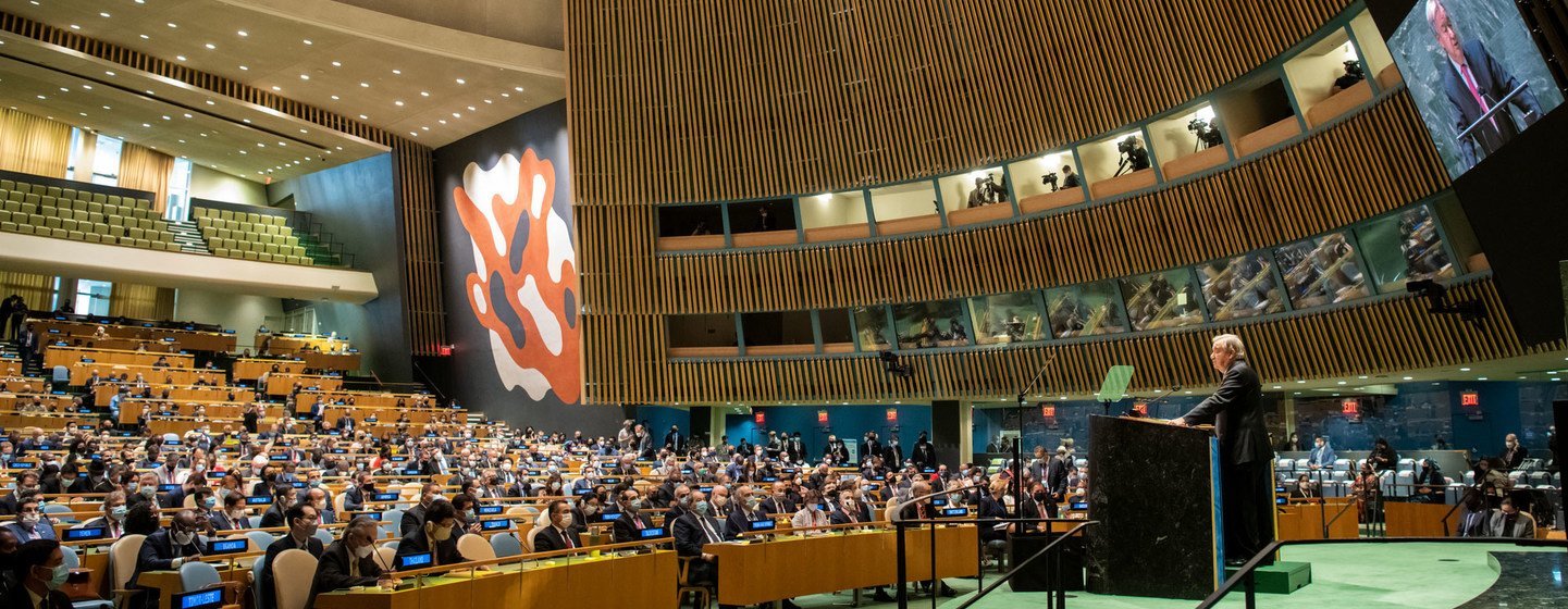UN Secretary-General António Guterres (at podium) addresses the opening of the general debate of the 76th session of the General Assembly. UN Secretary-General António Guterres (at podium) addresses the opening of the general debate of the 76th session of the General Assembly.
