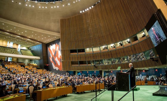 UN Secretary-General António Guterres (at podium) addresses the opening of the general debate of the 76th session of the General Assembly.