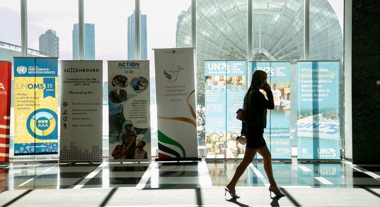 A UN staff member walks to the cafeteria during the fourth day of the general debate.