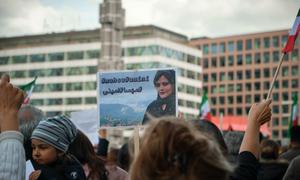 Protesters gather in Stockholm, Sweden, after the death of 22-year-old Mahsa Amini in the custody of Iran's so-called morality police.