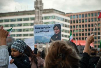 Protesters gather in Stockholm, Sweden, after the death of 22-year-old Mahsa Amini in the custody of Iran's so-called morality police.