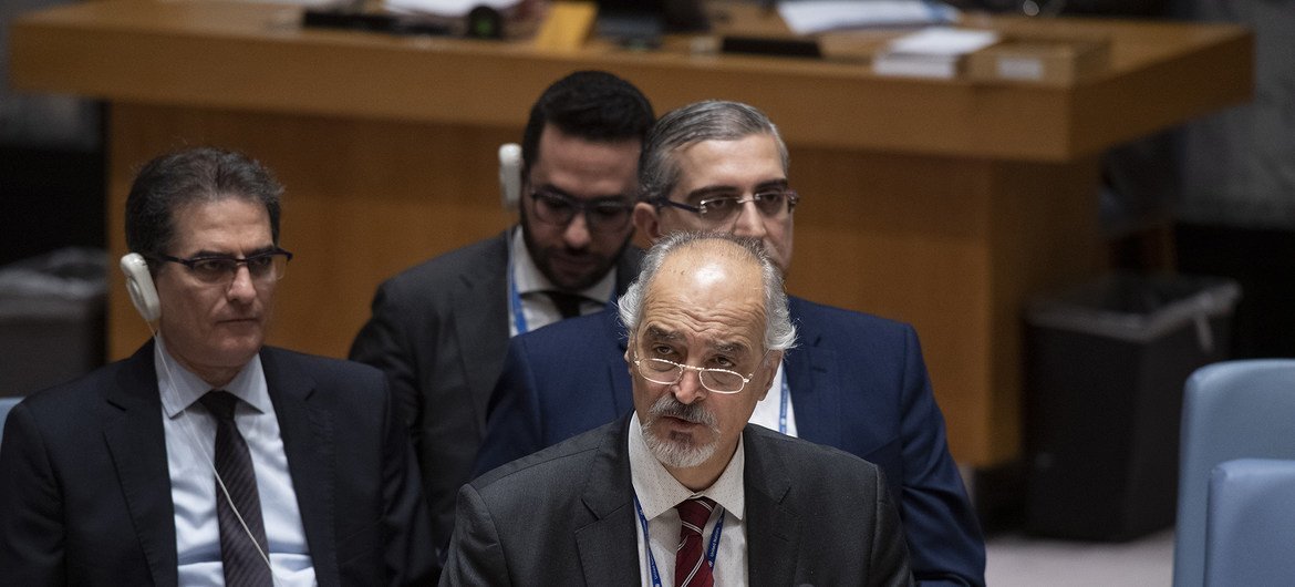 الممثل الدائم للجمهورية العربية السورية لدى الأمم المتحدة، بشار الجعفري، يتحدث أمام جلسة مجلس الأمن حول الوضع في سوريا