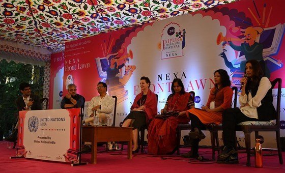The session on climate emergency at Jaipur Literature Festival. (L to R)  Mr. Sameer Saran, moderator and president of Observer Research Foundation;  Mr. Apoorva Oza, chief executive officer of Aga Khan Rural Support Programme (India); Mr. Sonam Wangchuk,