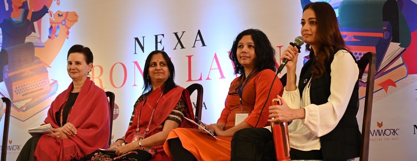 The session on climate emergency at Jaipur Literature Festival. (L to R Ms. Renata Dessallien, resident coordinator of UN in India; Ms. Namita Waikar, managing editor of online journal PARI; Ms. Shubhangi Swarup, writer and filmmaker; Ms. Dia Mirza, Actre