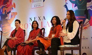 The session on climate emergency at Jaipur Literature Festival. (L to R Ms. Renata Dessallien, resident coordinator of UN in India; Ms. Namita Waikar, managing editor of online journal PARI; Ms. Shubhangi Swarup, writer and filmmaker; Ms. Dia Mirza, Actress and UN Advocate for Sustainable Development.