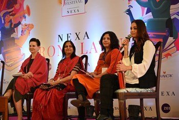 The session on climate emergency at Jaipur Literature Festival. (L to R Ms. Renata Dessallien, resident coordinator of UN in India; Ms. Namita Waikar, managing editor of online journal PARI; Ms. Shubhangi Swarup, writer and filmmaker; Ms. Dia Mirza, Actress and UN Advocate for Sustainable Development.