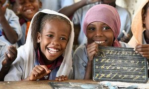 Young children in conflict-affected Bol, Chad study science at school.