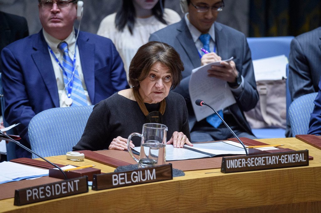 Rosemary DiCarlo, Secrétaire générale adjointe de l'ONU aux affaires politiques, informe les membres du Conseil de sécurité de l'ONU sur la situation en Syrie.