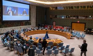A wide view of the Security Council Chamber as members meet on the situation in Ukraine.