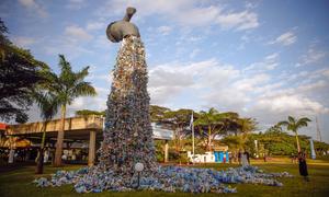 A 30-foot high monument entitled 'Turn off the plastics tap' by Canadian activist and artist Benjamin von Wong stands outside the venue for the UN Environment Assembly taking place in Nairobi, Kenya.