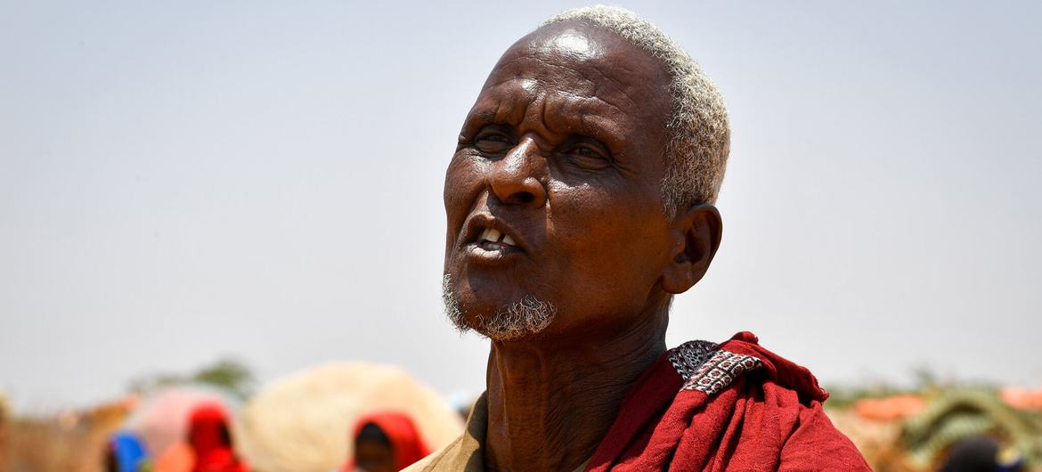 Ahmad Hassan Yarow, 70, speaks at Kulmiye Internally Displaced Persons camp in Luuq, Somalia on 21 March 2022.