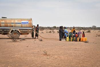 مجموعة من النساء يجلبن المياه من نقطة لنقل المياه بالشاحنات في قرية كوريسون، جالكايو، الصومال ، 23 آذار/مارس 2022.