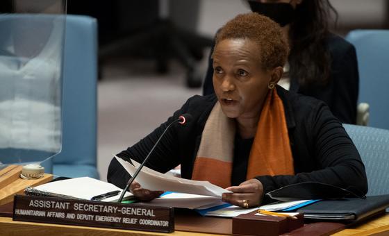 Joyce Msuya, Assistant Secretary-General for Humanitarian Affairs and Deputy Emergency Relief Coordinator, briefs UN Security Council members on Ukraine.
