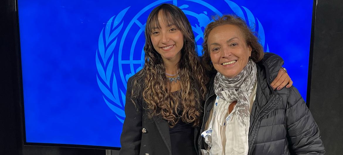 Fatima Muriel and Natalia Daza visiting the UN News studio in New York.