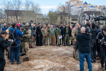 UN Secretary-General António Guterres (centre) visits Bucha, on the outskirts of the Ukrainian capital, Kyiv.