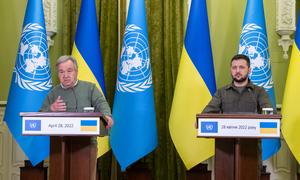 UN Secretary General António Guterres (left) addresses the media alongside President Volodymyr Zelenskyy of Ukraine.
