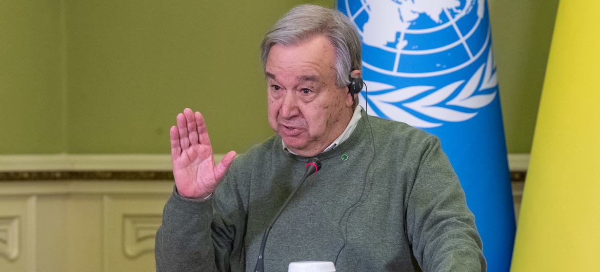 UN Secretary General António Guterres addresses the media in Kyiv, Ukraine.