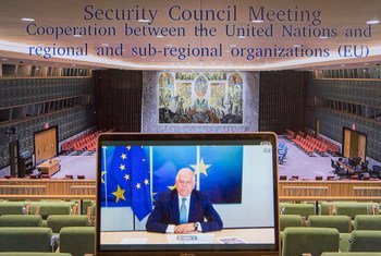 Josep Borrell, Euopean Union High Representative for Foreign Affairs and Security Policy, addresses Security Council members in connection with the Cooperation between the United Nations and regional and sub-regional organizations.