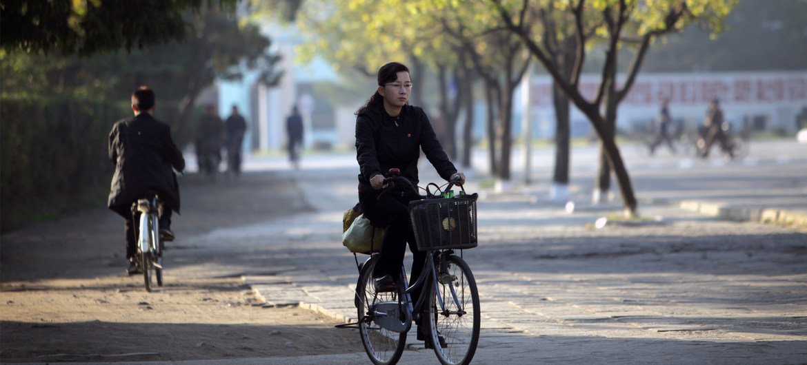 (FILE PHOTO) A cyclist in Wonsan City, in DPRK. 