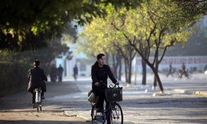 (FILE PHOTO) A cyclist in Wonsan City, in DPRK. 