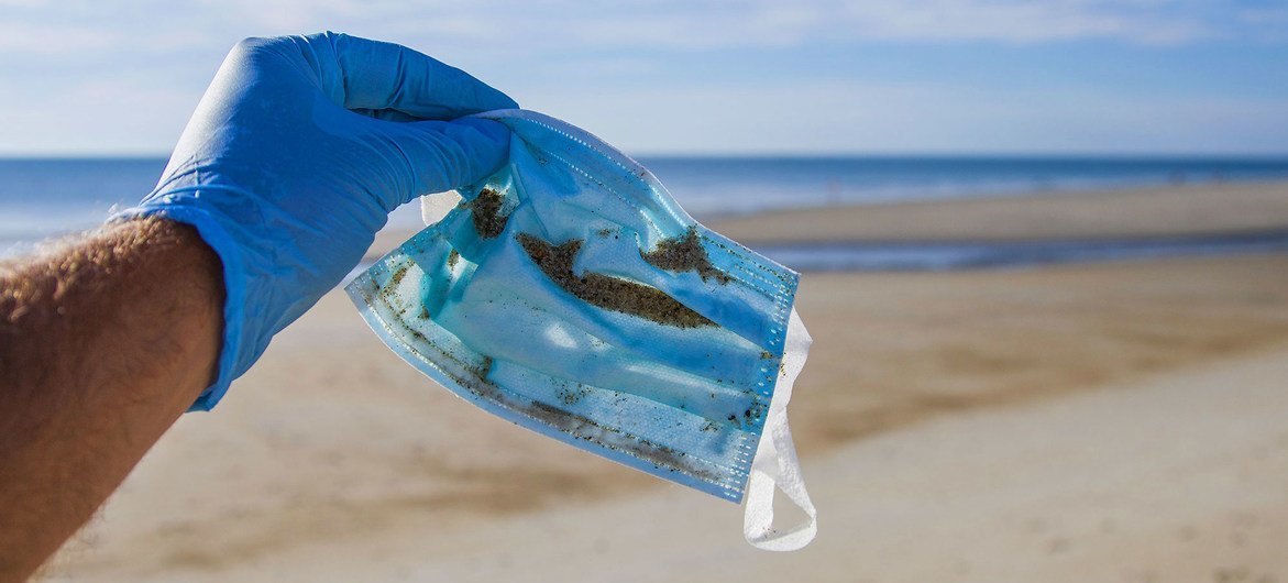 A face mask found during a beach cleanup in Hampton Beach, New Hampshire, USA.