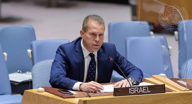 مندوب إسرائيل الدائم لدى الأمم المتحدة، غلعاد إردان، أثناء جلسة مجلس الأمن لبحث الأوضاع في الشرق الأوسط بما فيها القضية الفلسطينية.