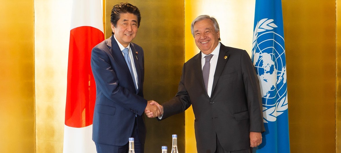 António Guterres, the UN Secretary-General (r) meets Shinzo Abe, Prime Minister of Japan, on the margins of the 7th Tokyo International Conference on African Development in Yokohama, Japan, on 28 August 2019.